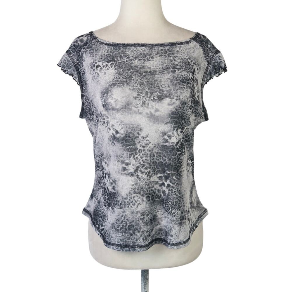 Vintage 90s/Y2K Grey Leopard Sheer Mesh Wide Boatneck Tee M